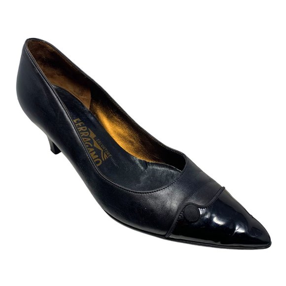 Salvatore Ferragamo Black Leather‎ Patent Leather Cap Toe Pumps - Picture 13 of 14